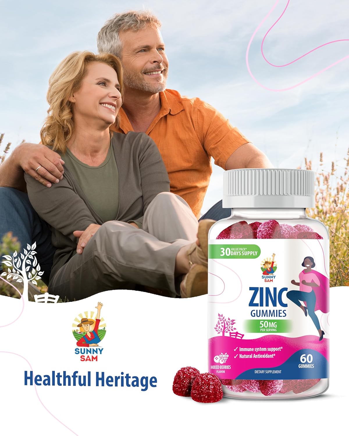 Natural Zinc Gummies for Immune Support - Chewable Antioxidant Supplement for Adults and Kids - Non-GMO Zinc Gummy