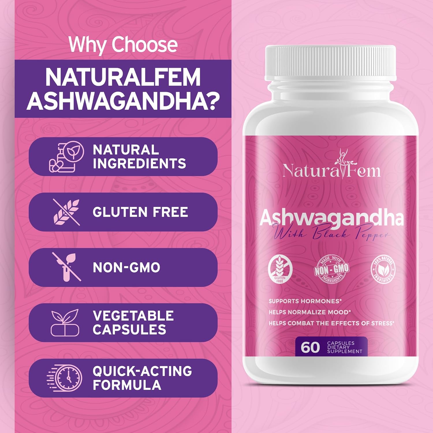 Naturalfem Ashwagandha Supplements for Women - Stress, Hormone, and Mood Support - 1300mg 60 Capsules with Black Pepper