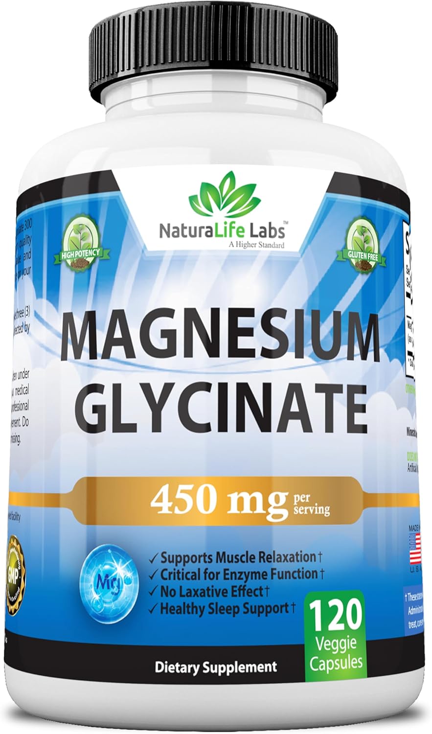 NaturaLife Labs Magnesium Glycinate 450 MG Vegan Capsules for Muscle and Bone Health - Non-Laxative Formula - 120 Count