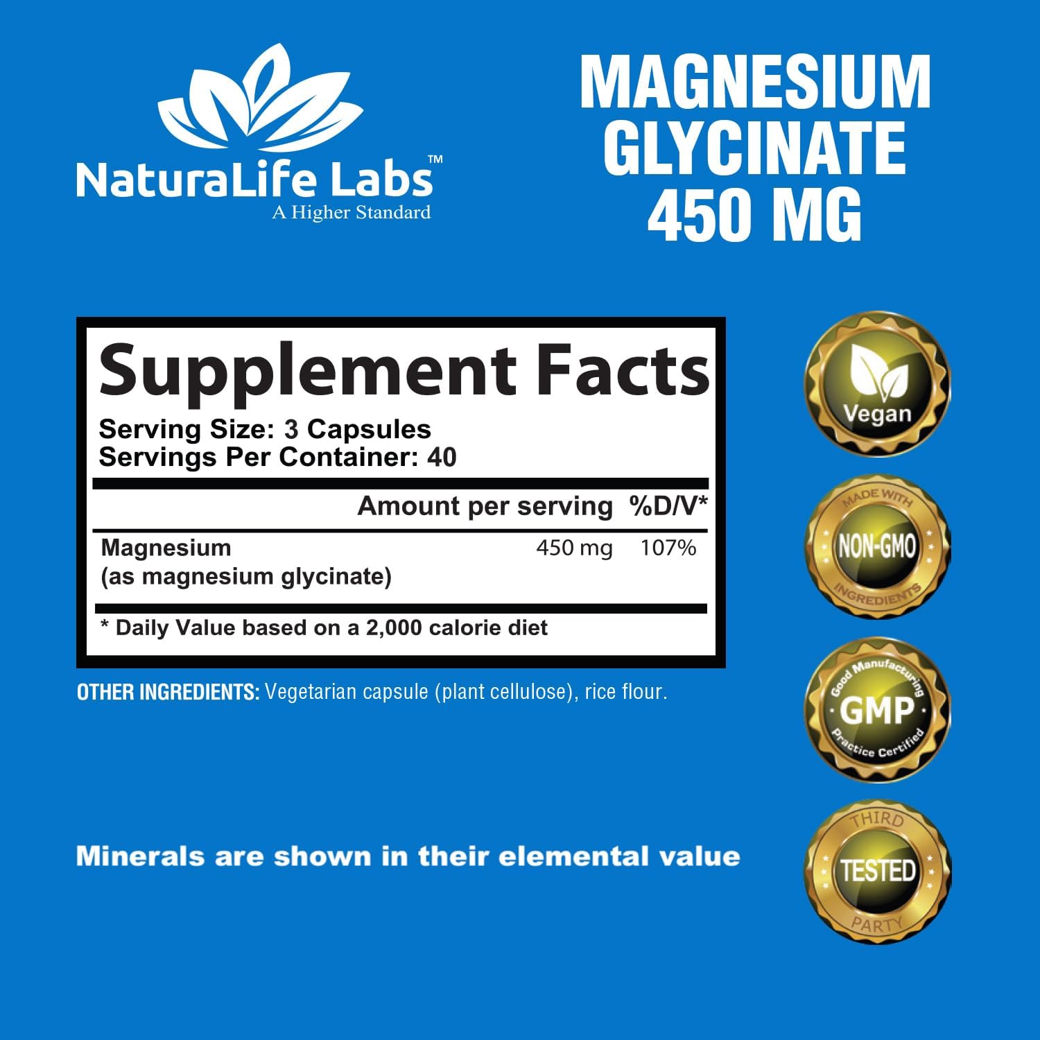 NaturaLife Labs Magnesium Glycinate 450 MG Vegan Capsules for Muscle and Bone Health - Non-Laxative Formula - 120 Count