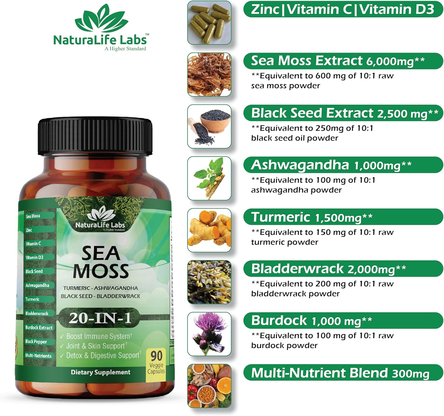 NaturaLife Labs Sea Moss, Black Seed Oil, Bladderwrack, Turmeric, Ashwagandha, Burdock - Herbal Supplement with Vitamins - 90 Capsules - BoostGo Australia