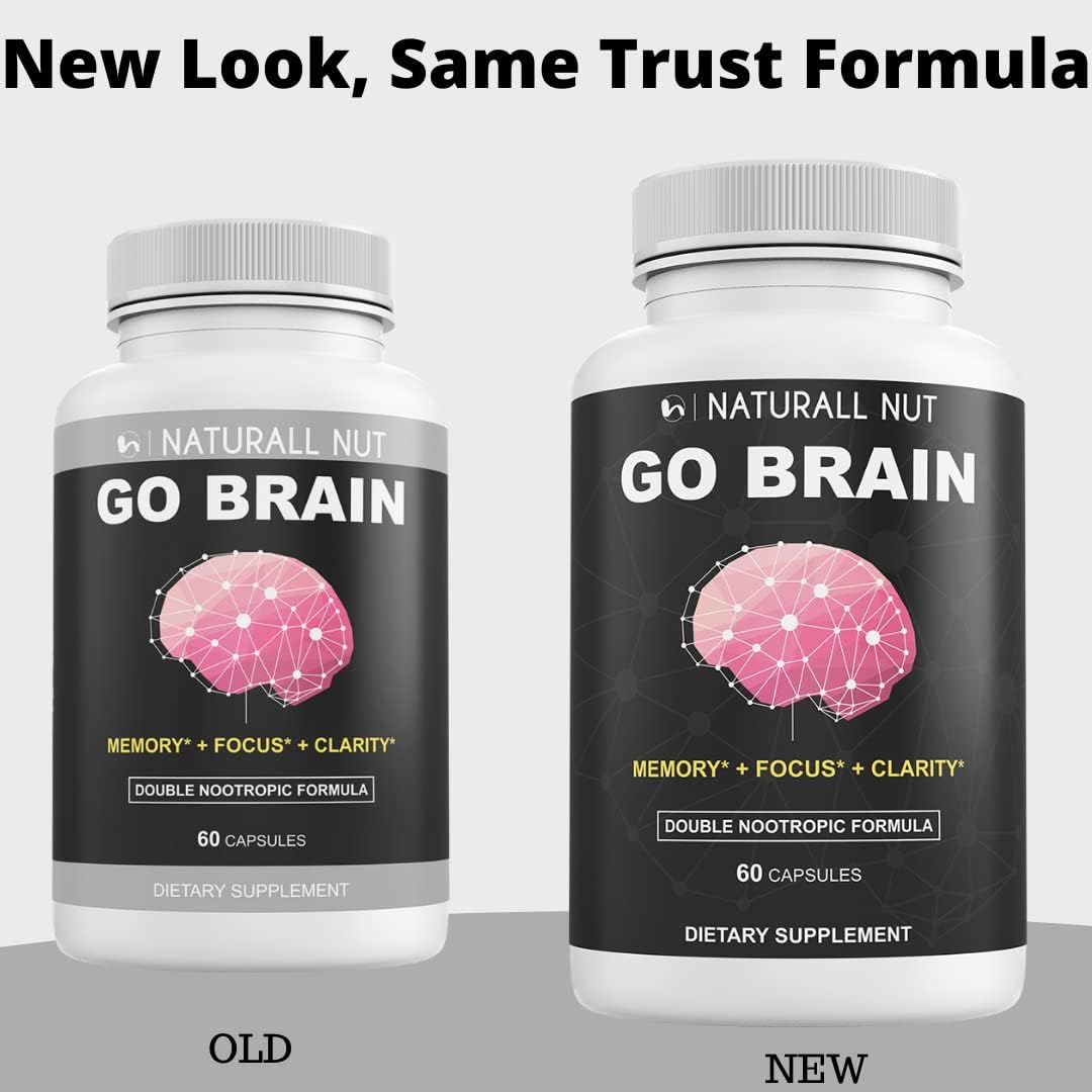 Naturall Nut Go Brain Double Nootropic Formula - Memory and Focus Vitamins with Ginkgo Biloba, Bacopa Monnieri, and DMAE for Men and Women