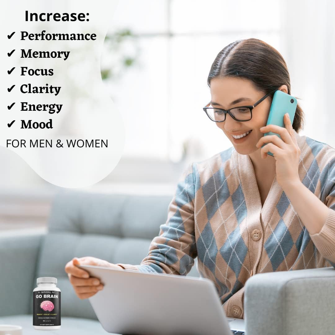 Naturall Nut Go Brain Double Nootropic Formula - Memory and Focus Vitamins with Ginkgo Biloba, Bacopa Monnieri, and DMAE for Men and Women