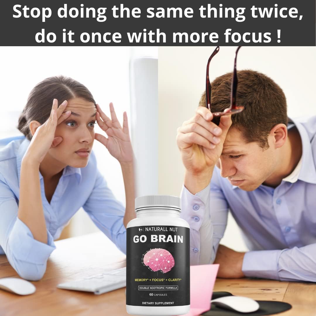 Naturall Nut Go Brain Double Nootropic Formula - Memory and Focus Vitamins with Ginkgo Biloba, Bacopa Monnieri, and DMAE for Men and Women