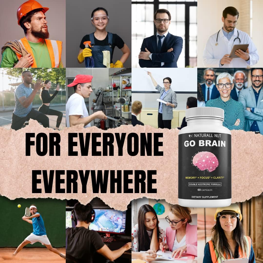 Naturall Nut Go Brain Double Nootropic Formula - Memory and Focus Vitamins with Ginkgo Biloba, Bacopa Monnieri, and DMAE for Men and Women