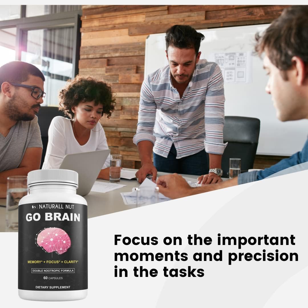 Naturall Nut Go Brain Double Nootropic Formula - Memory and Focus Vitamins with Ginkgo Biloba, Bacopa Monnieri, and DMAE for Men and Women