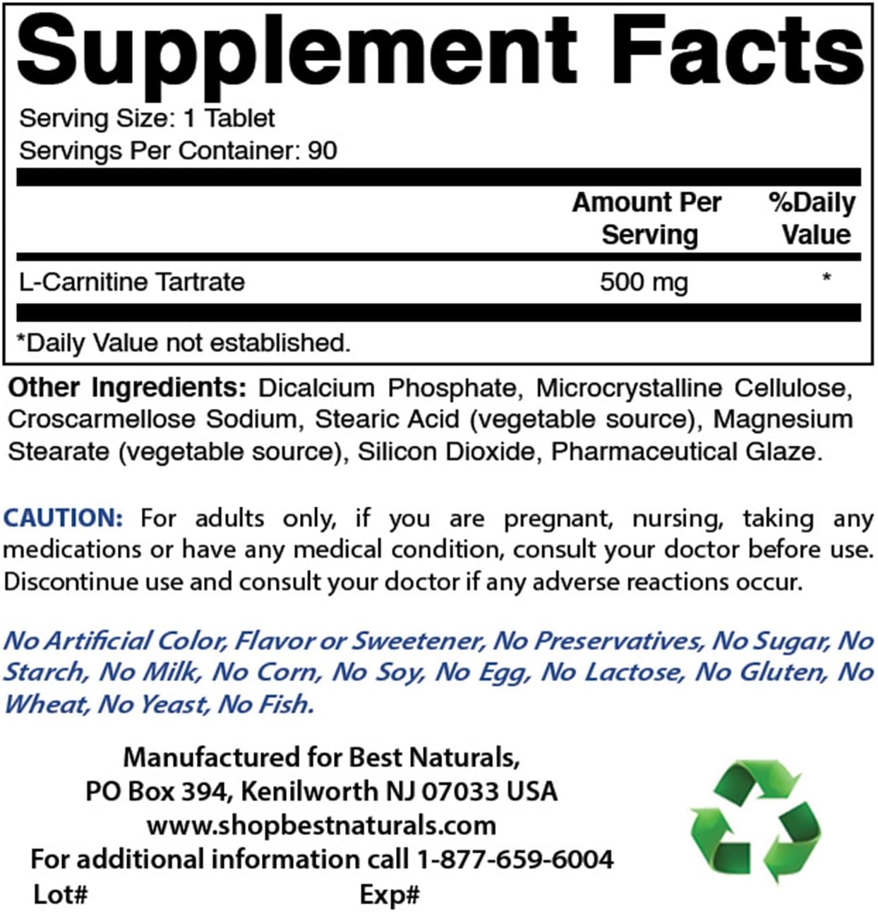 Naturally Boost Energy with Best Naturals L-Carnitine Tartrate 500 mg Tablets - 270 Count