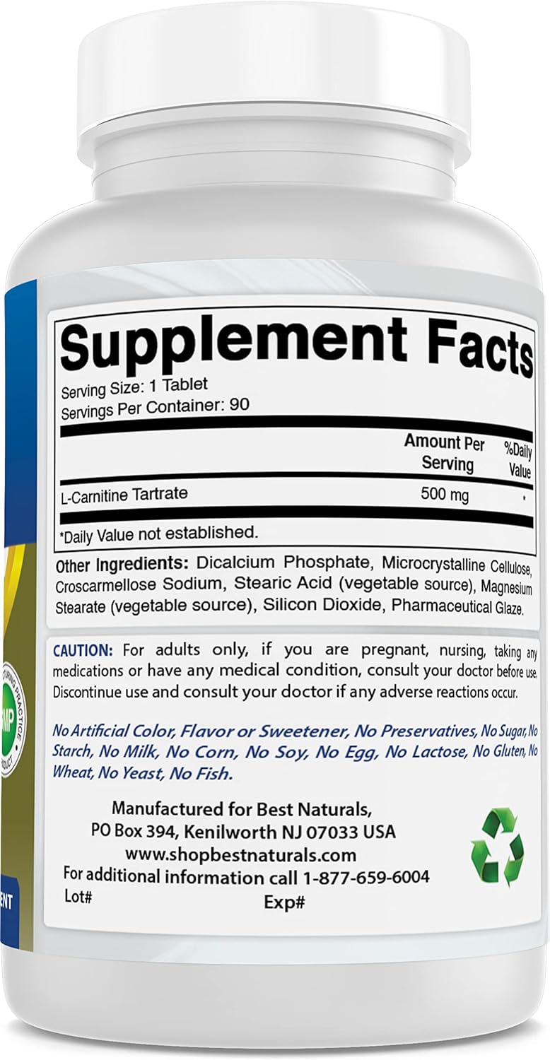 Naturally Boost Energy with Best Naturals L-Carnitine Tartrate 500 mg Tablets - 270 Count