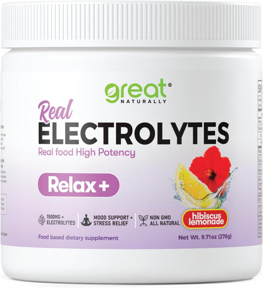 Naturally Relax+ Hibiscus Lemonade Electrolyte Supplement for Hydration & Stress Relief - Mood Support with Glycine, L-Theanine, Lemon Balm - Made in USA