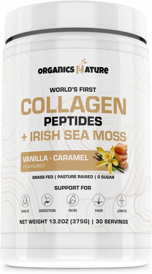 Naturally Sourced Collagen Peptides Powder with Irish Sea Moss Vanilla Caramel Flavor - Hydrolyzed Collagen with Biotin for Hair, Skin, Nails, Joints - 30 Servings, 380g