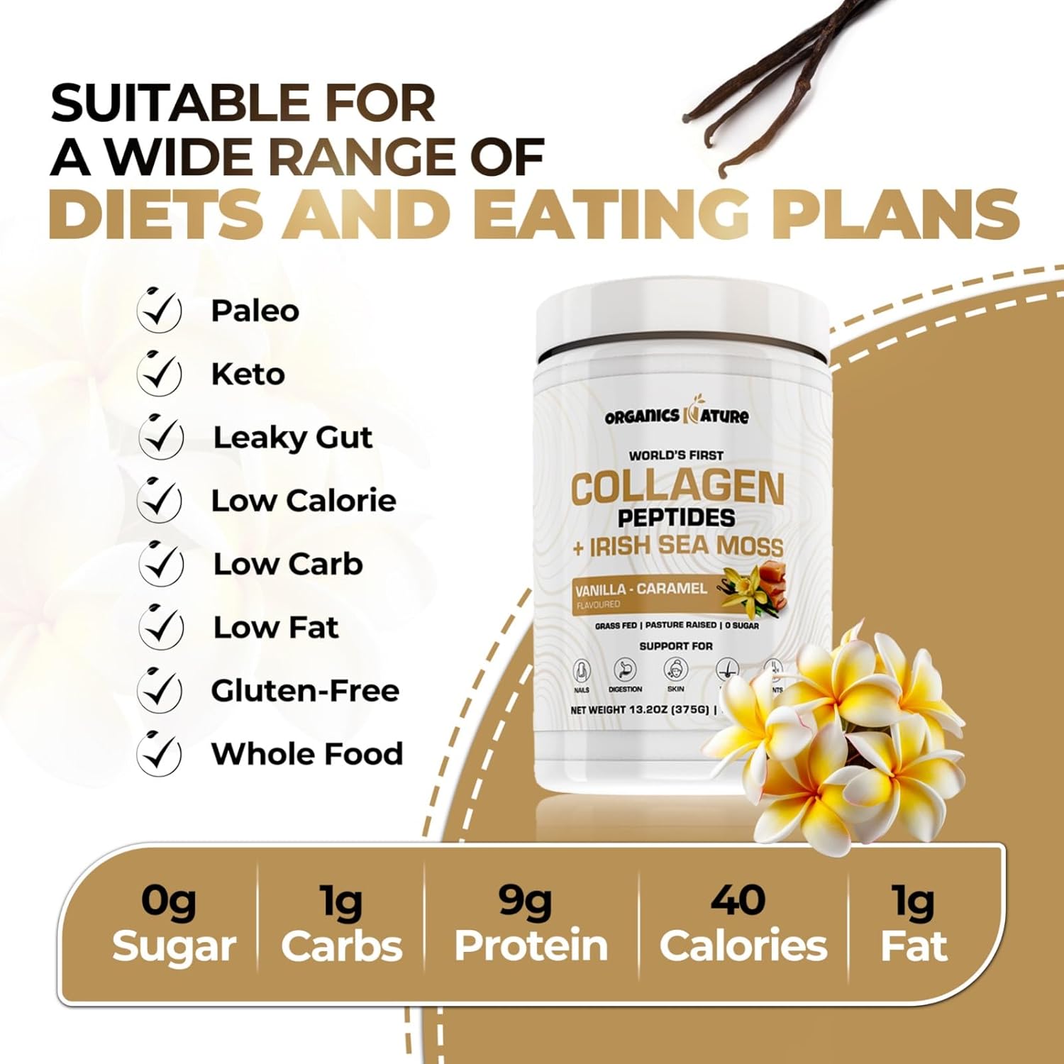 Naturally Sourced Collagen Peptides Powder with Irish Sea Moss Vanilla Caramel Flavor - Hydrolyzed Collagen with Biotin for Hair, Skin, Nails, Joints - 30 Servings, 380g
