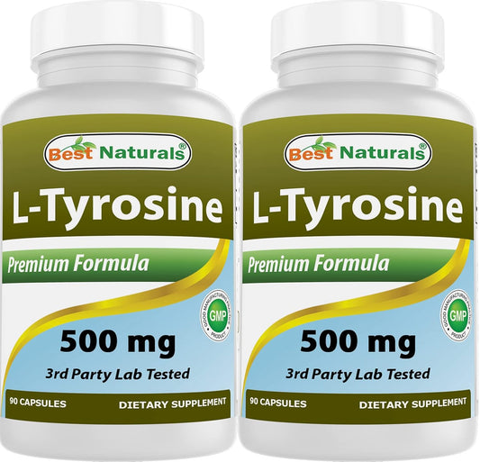 Naturally Sourced L-Tyrosine 500mg Supplement - 180 Capsules (90 Capsules per Bottle, Pack of 2)