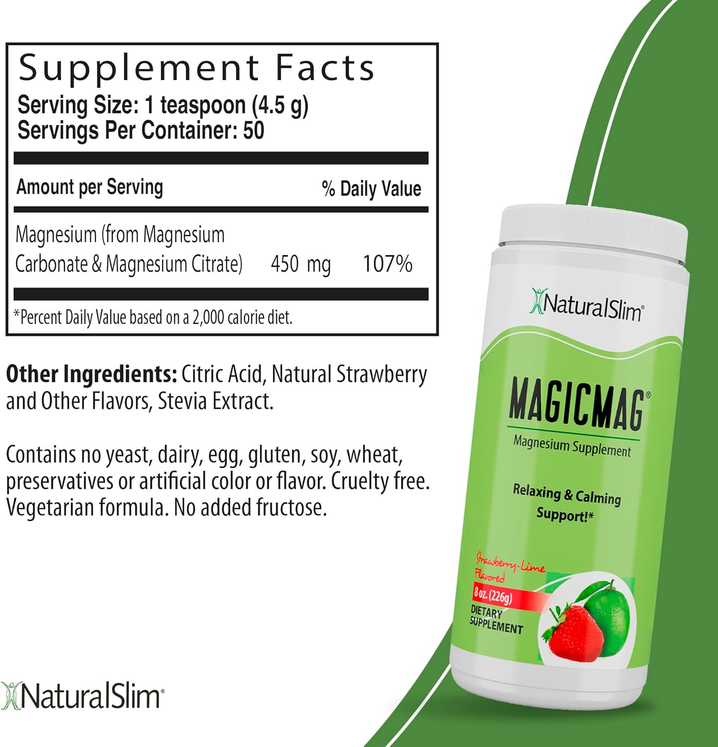 NaturalSlim Magicmag Pure Magnesium Citrate Powder - Stress, Constipation, Muscle, & Heart Support - 8oz Drink Mix (2 Pack) - Strawberry & Lime Flavor