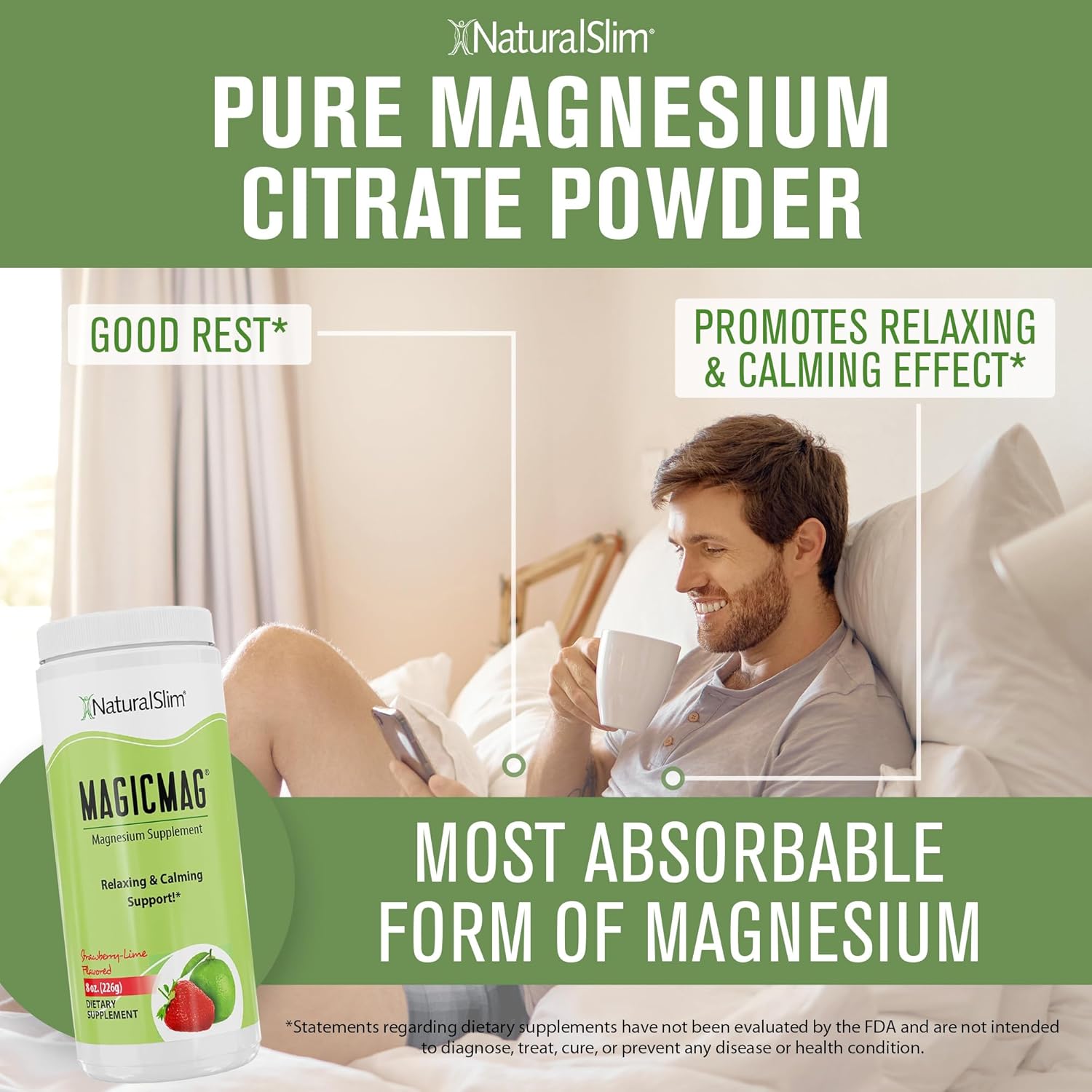 NaturalSlim Magicmag Pure Magnesium Citrate Powder - Stress, Constipation, Muscle, & Heart Support - 8oz Drink Mix (2 Pack) - Strawberry & Lime Flavor