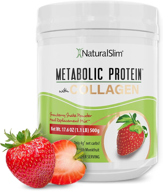 NaturalSlim Strawberry Collagen Protein Powder - Hydrolyzed for Hair, Skin, Bone, Joint & Metabolism - Low Carb Shake Mix - 17.6 oz