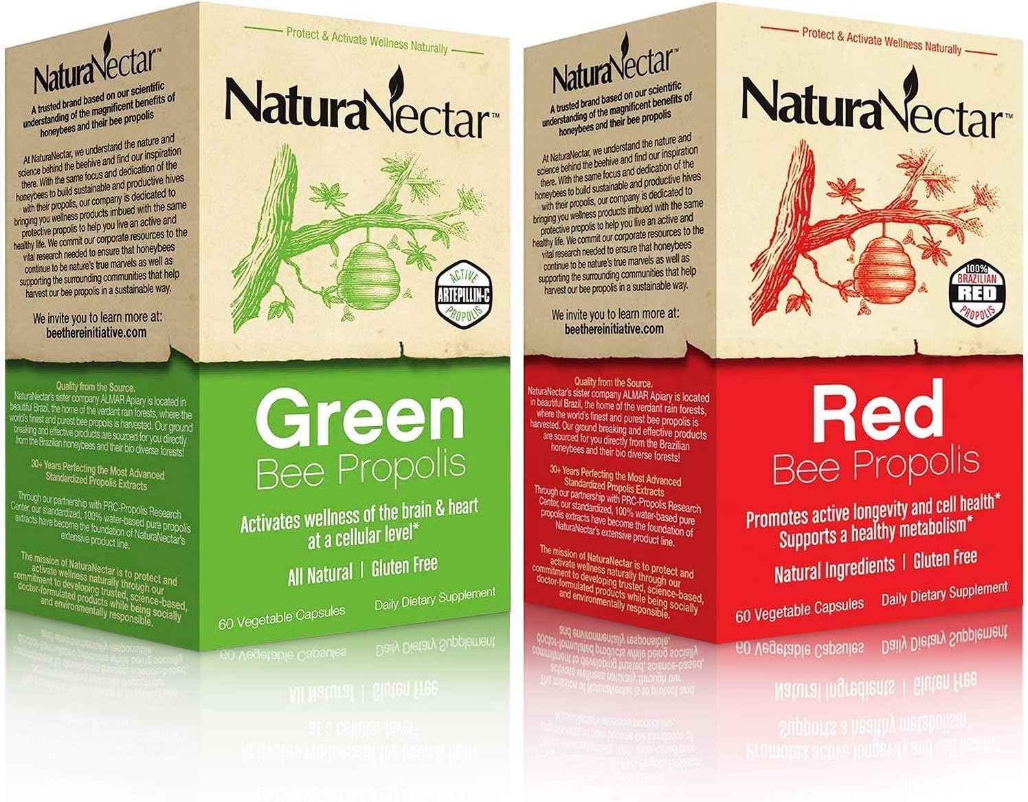 NaturaNectar Bee Propolis Bundle for Immune Support, Memory, and Metabolism - Green & Red Propolis - 60 Capsules