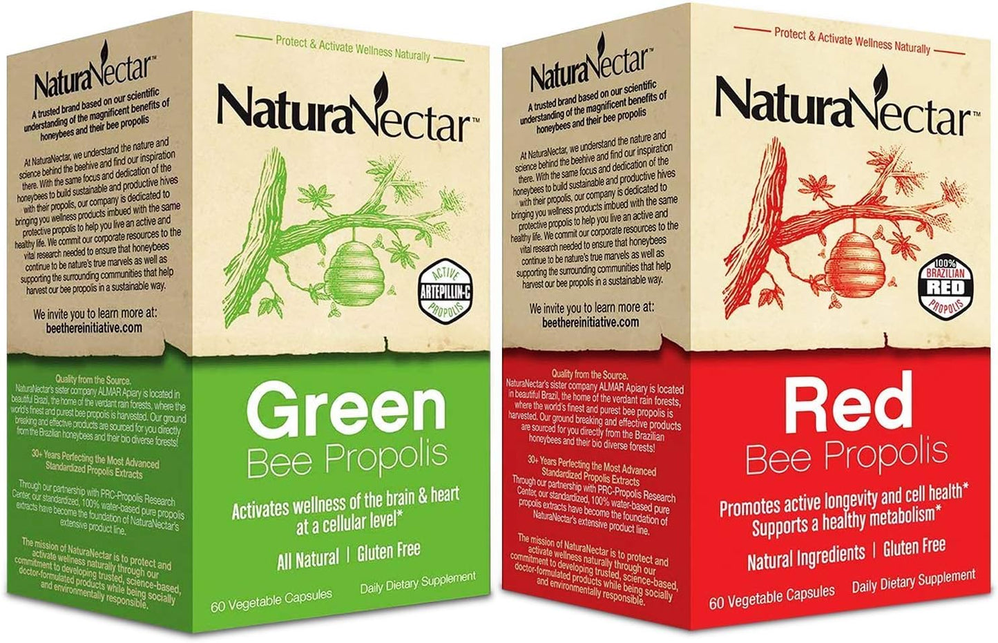 NaturaNectar Bee Propolis Bundle for Immune Support, Memory, and Metabolism - Green & Red Propolis - 60 Capsules