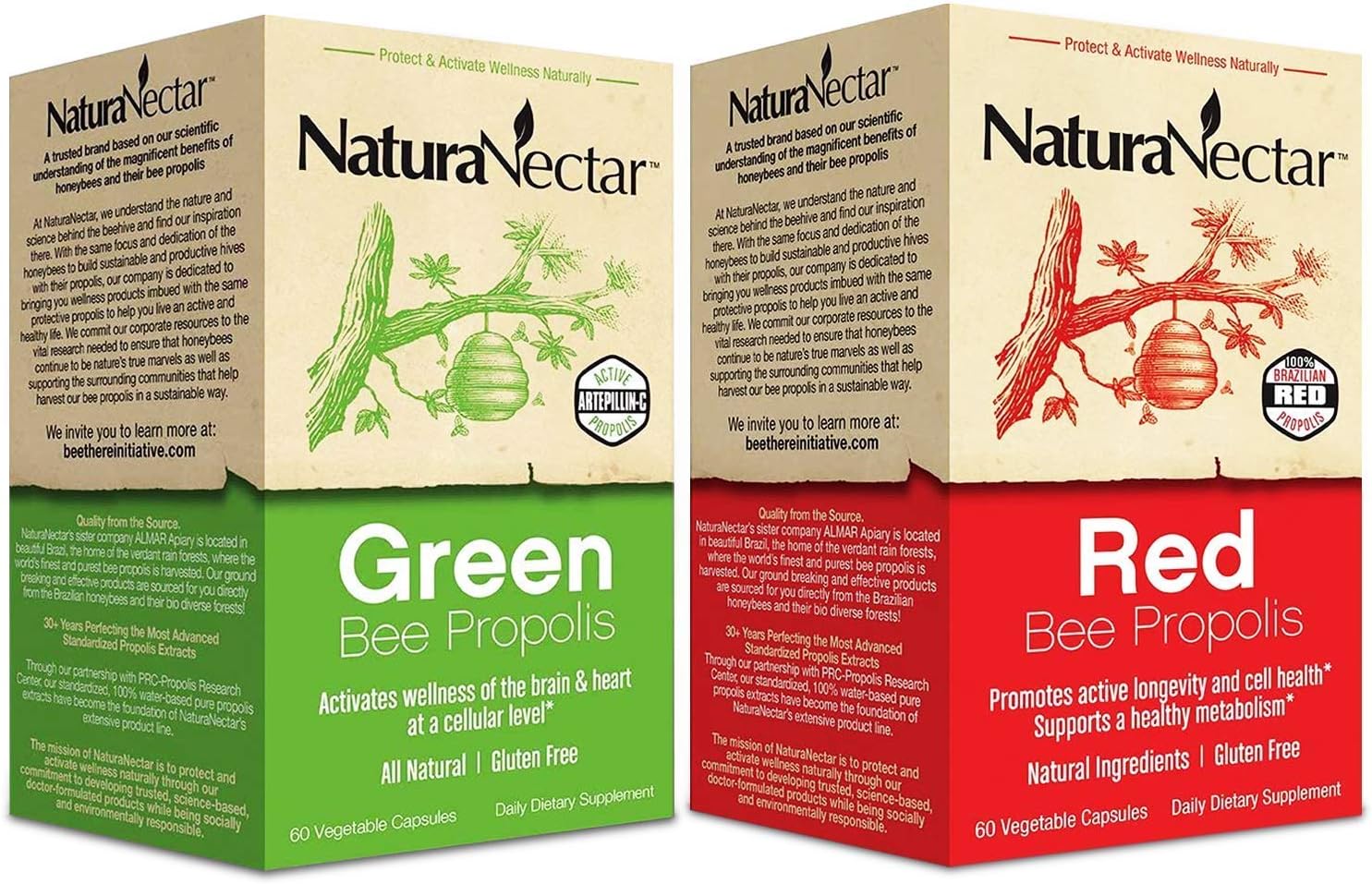 NaturaNectar Bee Propolis Bundle for Immune Support, Memory, and Metabolism - Green & Red Propolis - 60 Capsules