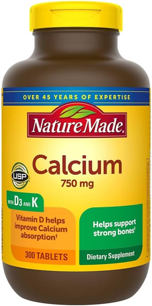 Nature Made Calcium 750 mg with Vitamin D3 and K, 300 Tablets for Bone Health Support