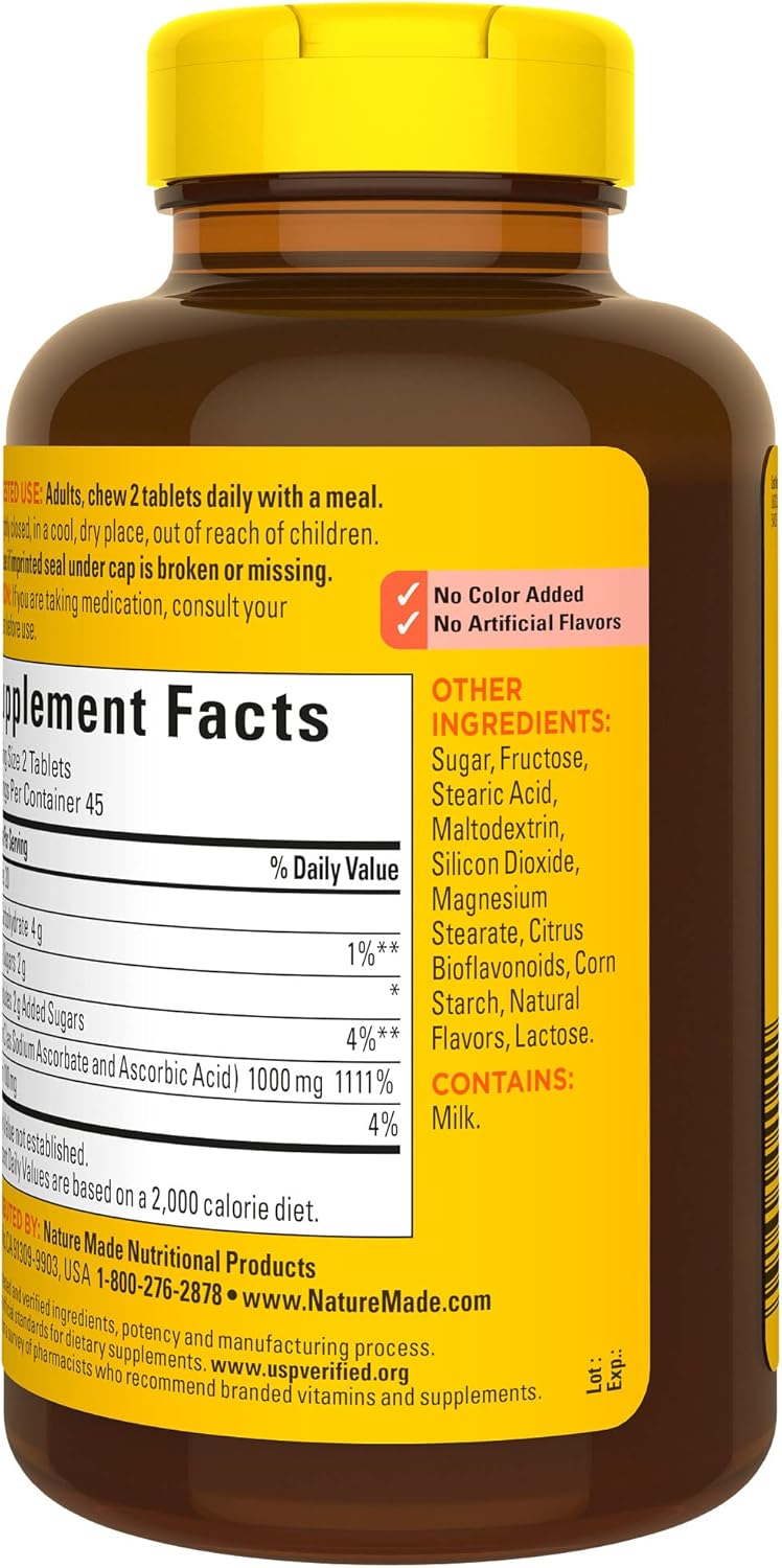 Nature Made Extra Strength Chewable Vitamin C 1000 mg Tablets for Immune Support - 90 Tablets x 2 Pack, 45 Day Supply