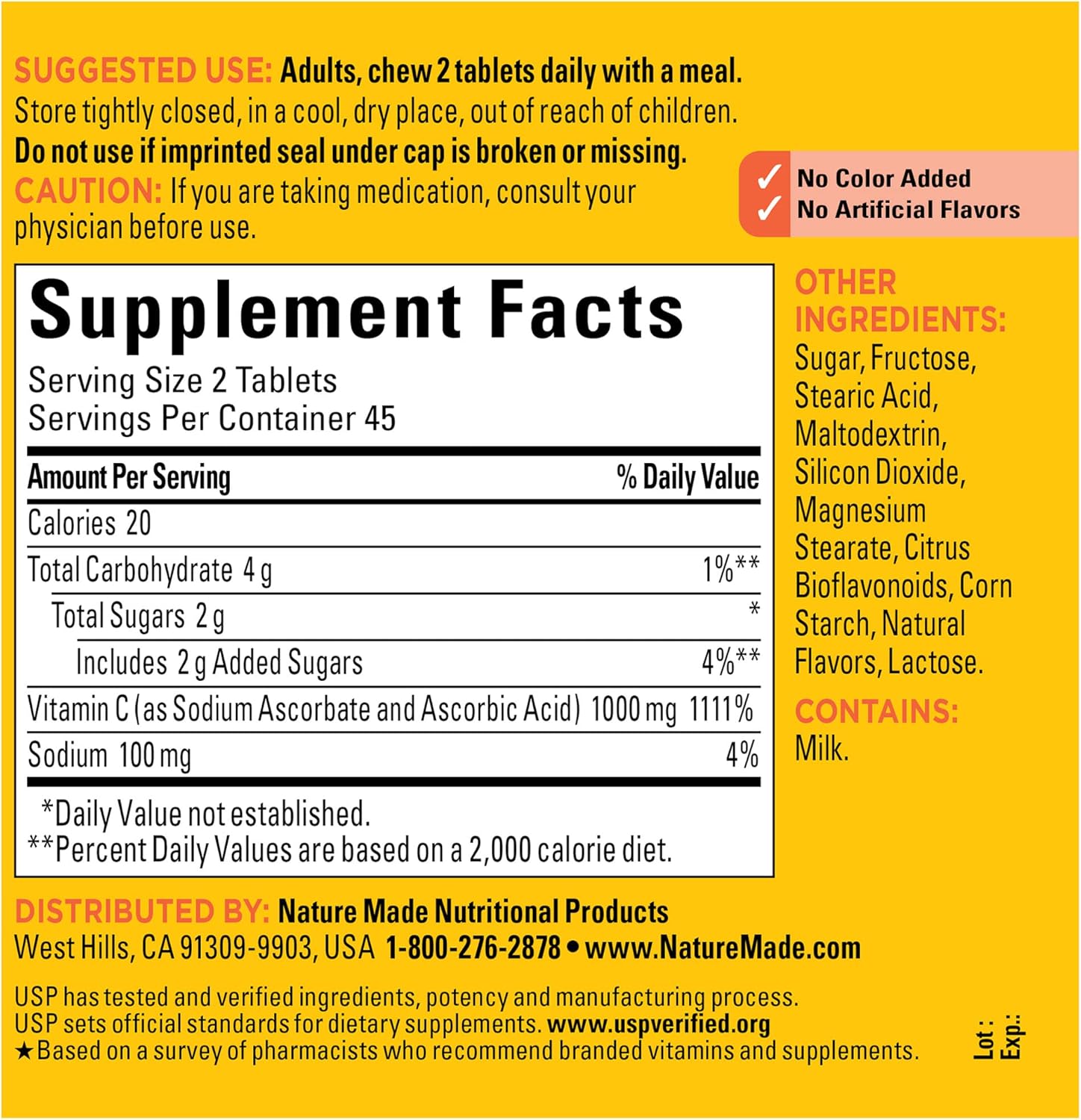 Nature Made Extra Strength Chewable Vitamin C 1000 mg Tablets for Immune Support - 90 Tablets x 2 Pack, 45 Day Supply