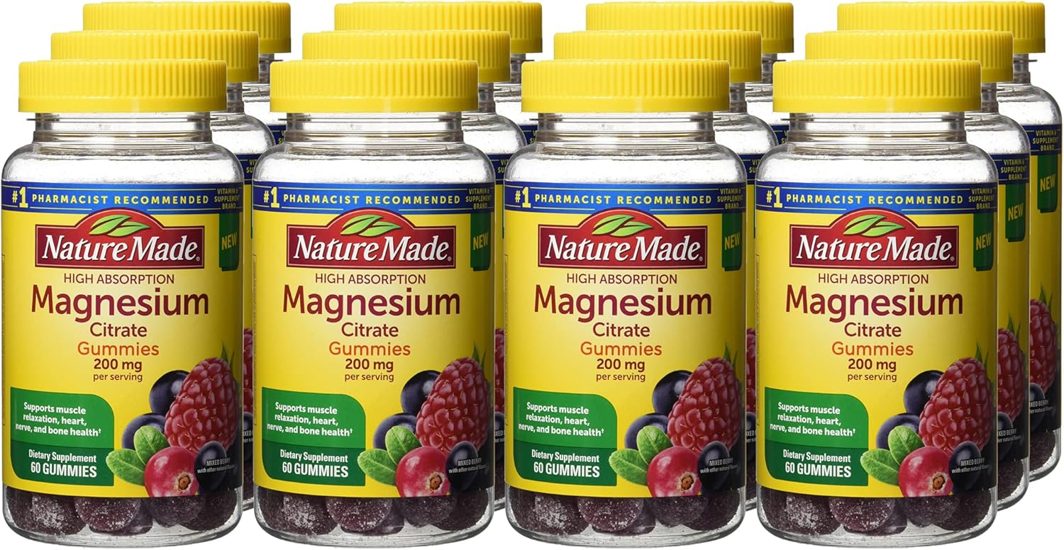 Nature Made High Absorption Magnesium Citrate Gummies, 200mg, Mixed Berry, 60 Count - Pack of 12