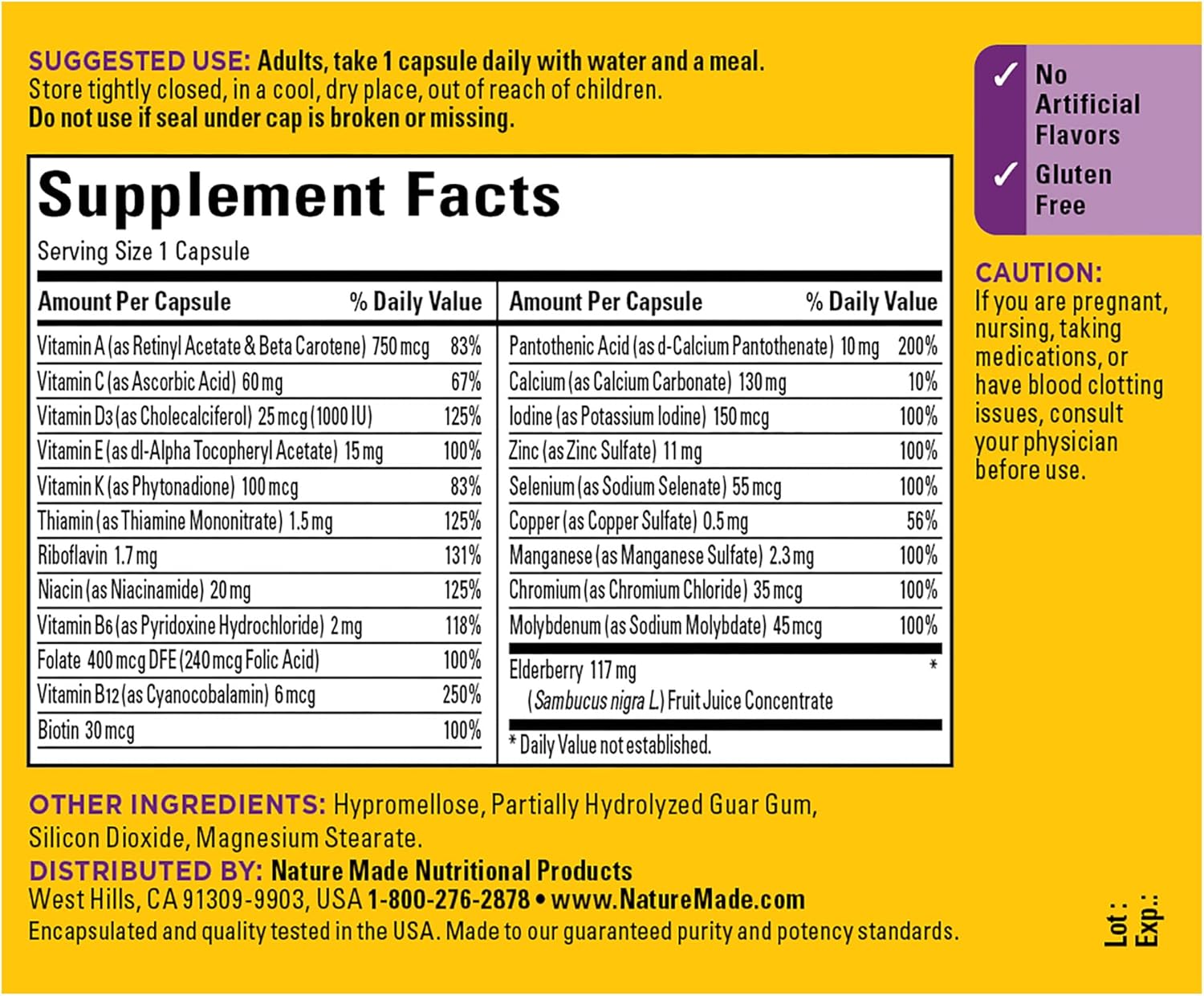 Nature Made Multi + Elderberry Capsules - Daily Immune Support Multivitamin - 60 Count Bottle