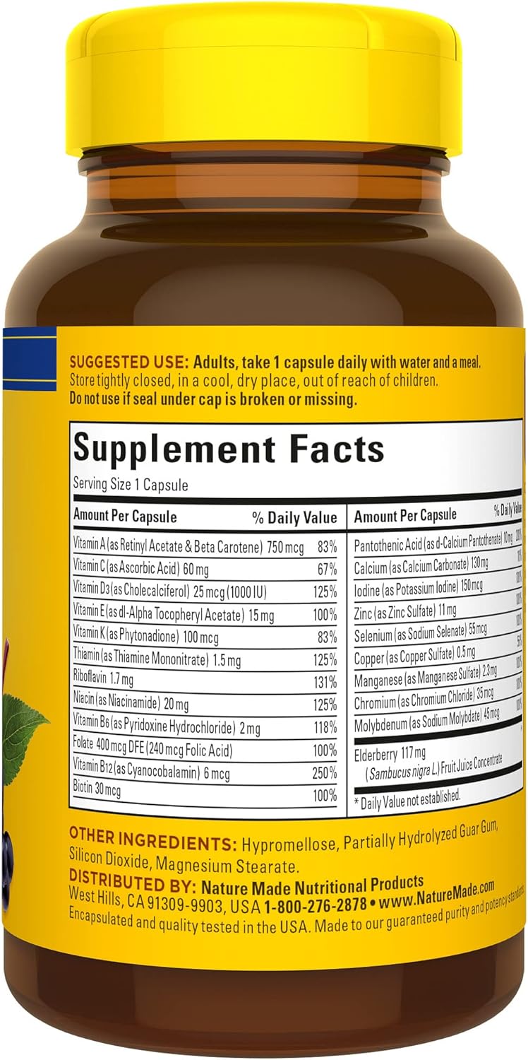Nature Made Multi + Elderberry Capsules - Daily Immune Support Multivitamin - 60 Count Bottle
