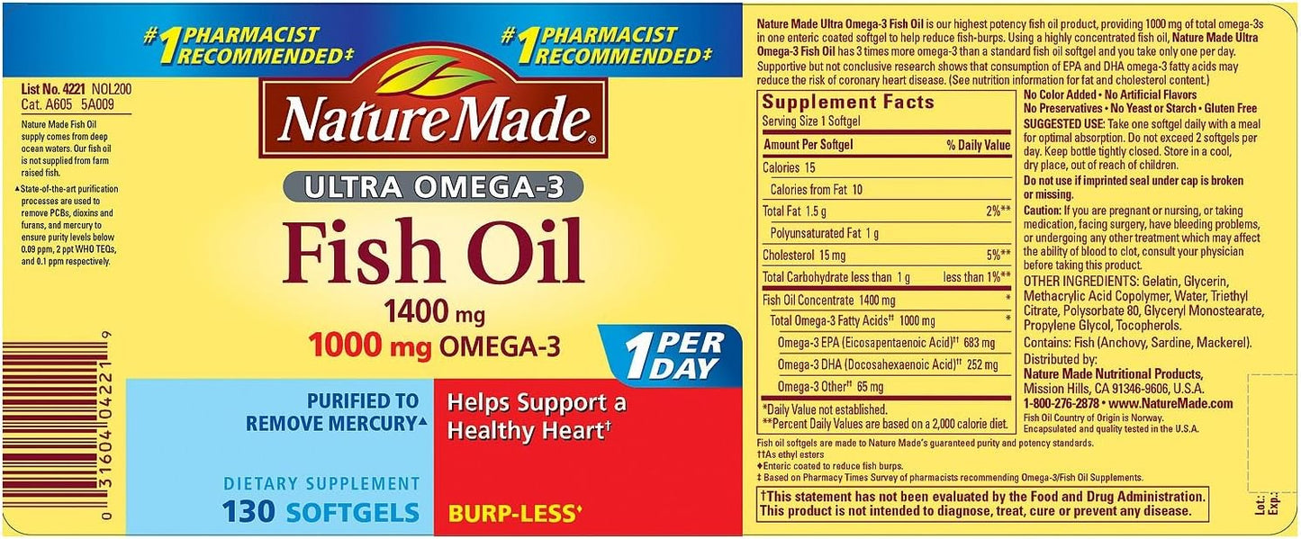 Nature Made Ultra Omega-3 Burpless Fish Oil Softgels - 1400mg, 1000mg Omega-3, 130 Count
