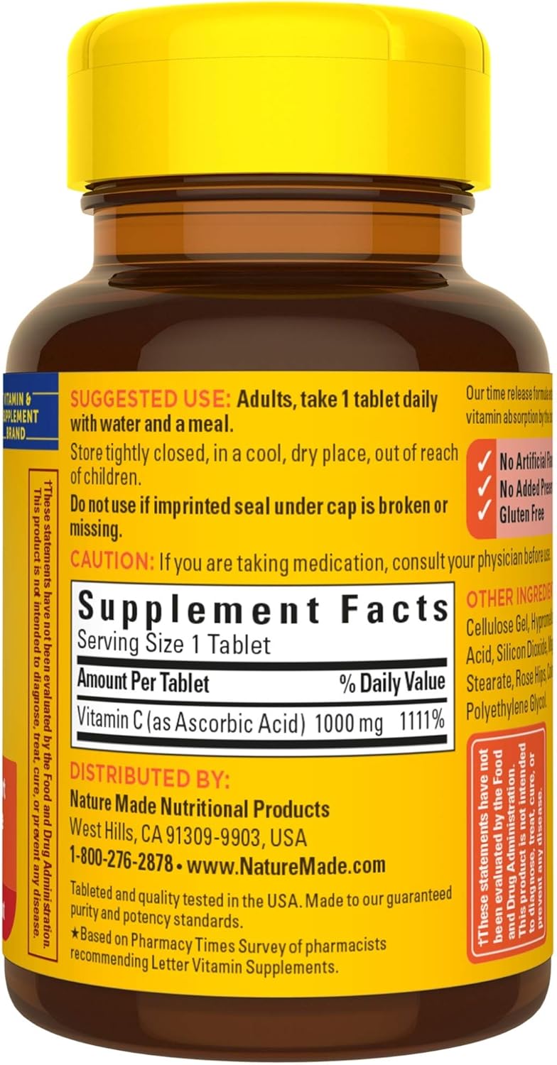 Nature Made Vitamin C 1000mg Time Release Tablets with Rose HIPS, 120 Count for Immune System Support