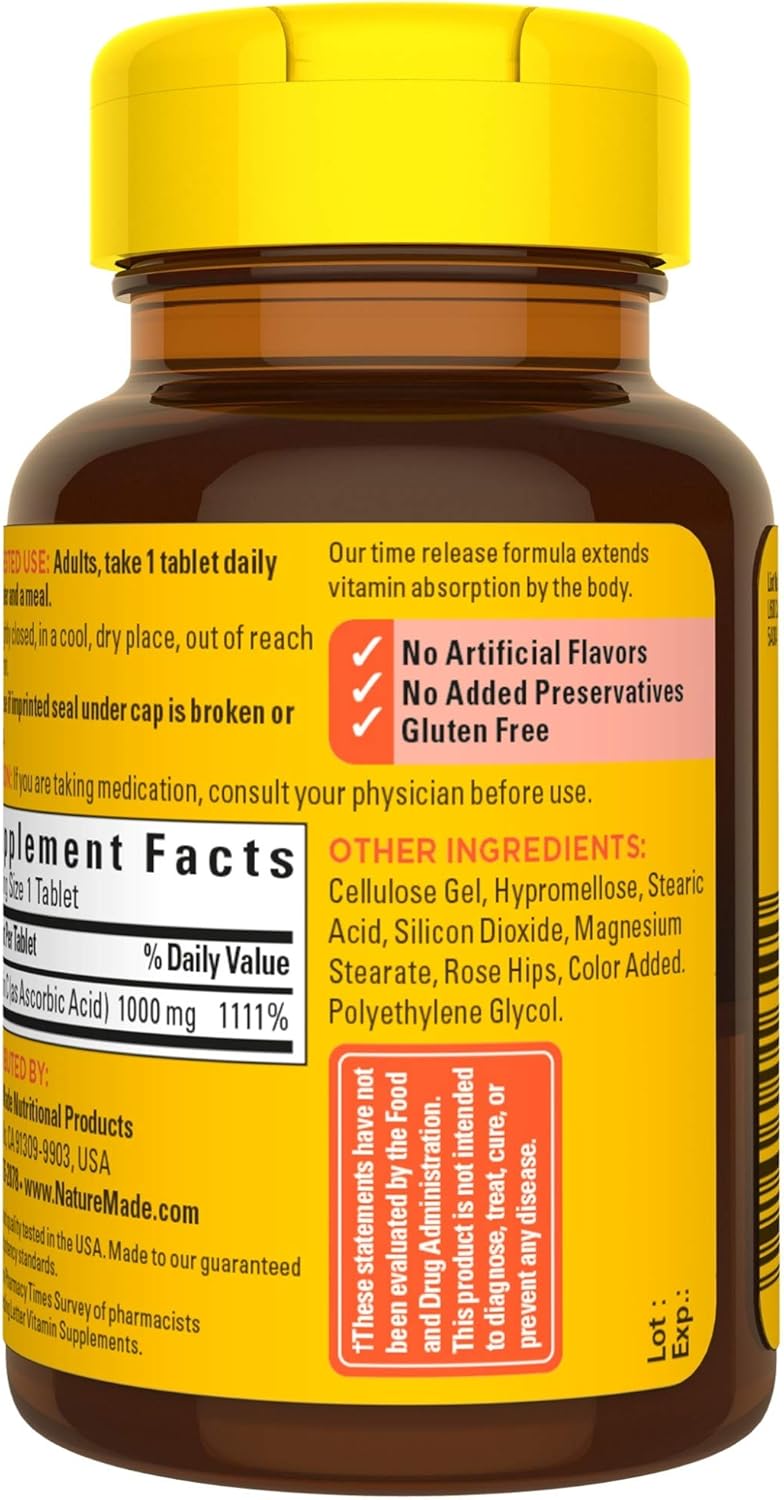 Nature Made Vitamin C 1000mg Time Release Tablets with Rose HIPS, 120 Count for Immune System Support