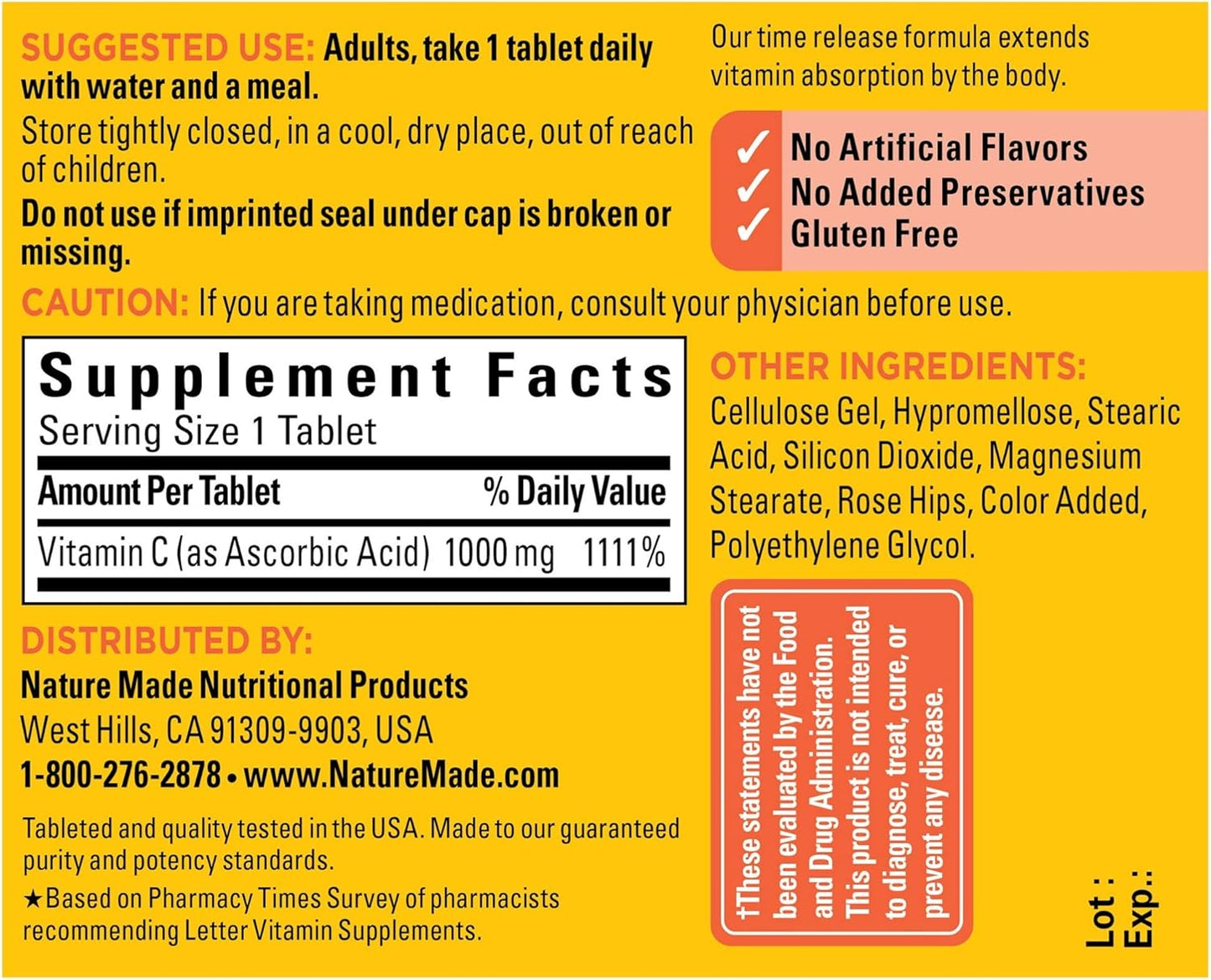 Nature Made Vitamin C 1000mg Time Release Tablets with Rose HIPS, 120 Count for Immune System Support