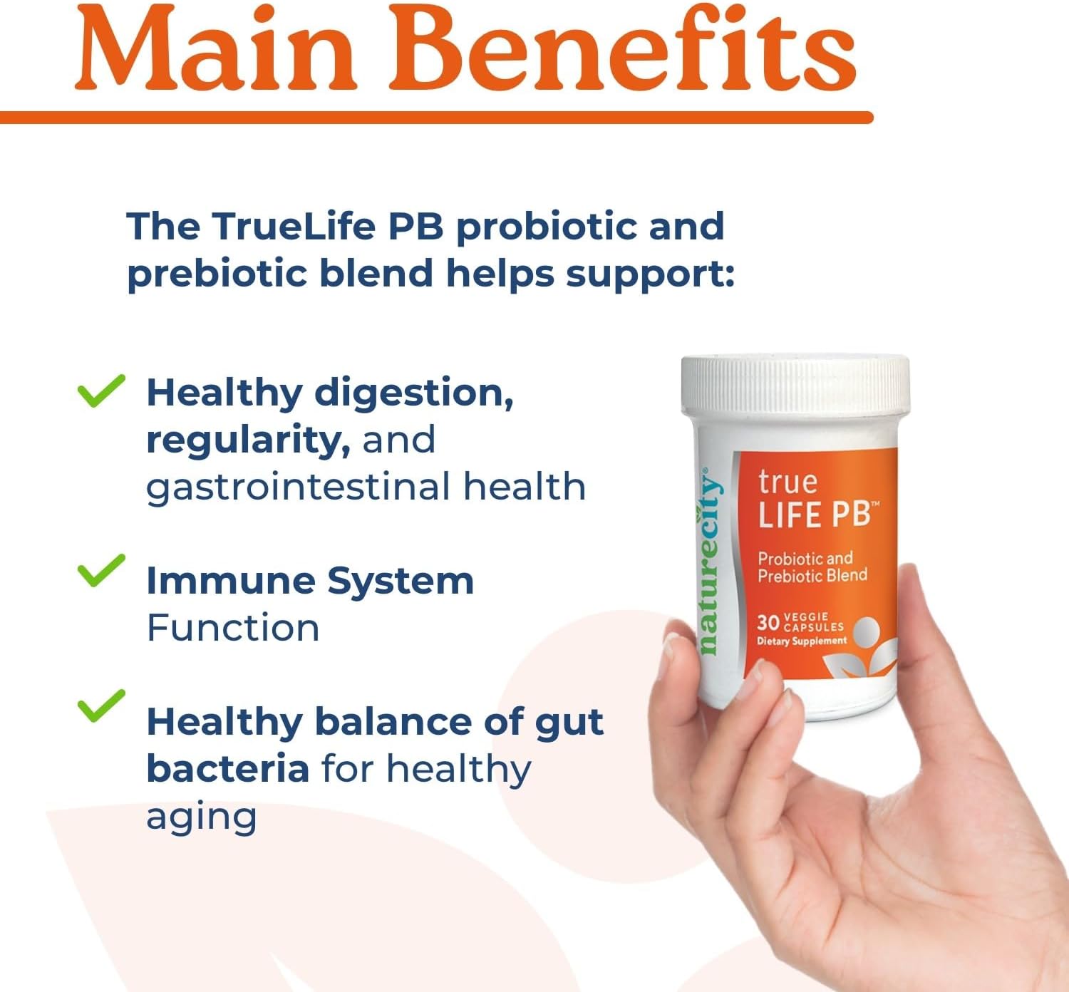 NatureCity True-Life-PB Prebiotic & Probiotic Blend for Digestive Health - Shelf Stable, Dairy Free - 60 Veggie Capsules for Men & Women