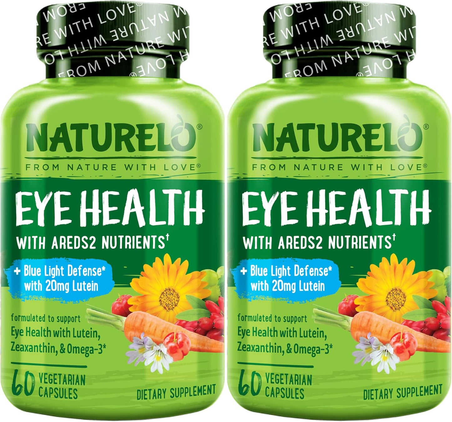 NATURELO Eye Vitamins - AREDS 2 Formula with Lutein, Zeaxanthin, Vitamin C, E, Zinc, DHA - 120 Vegan Capsules for Dry Eyes, Vision Support - Pack of 2