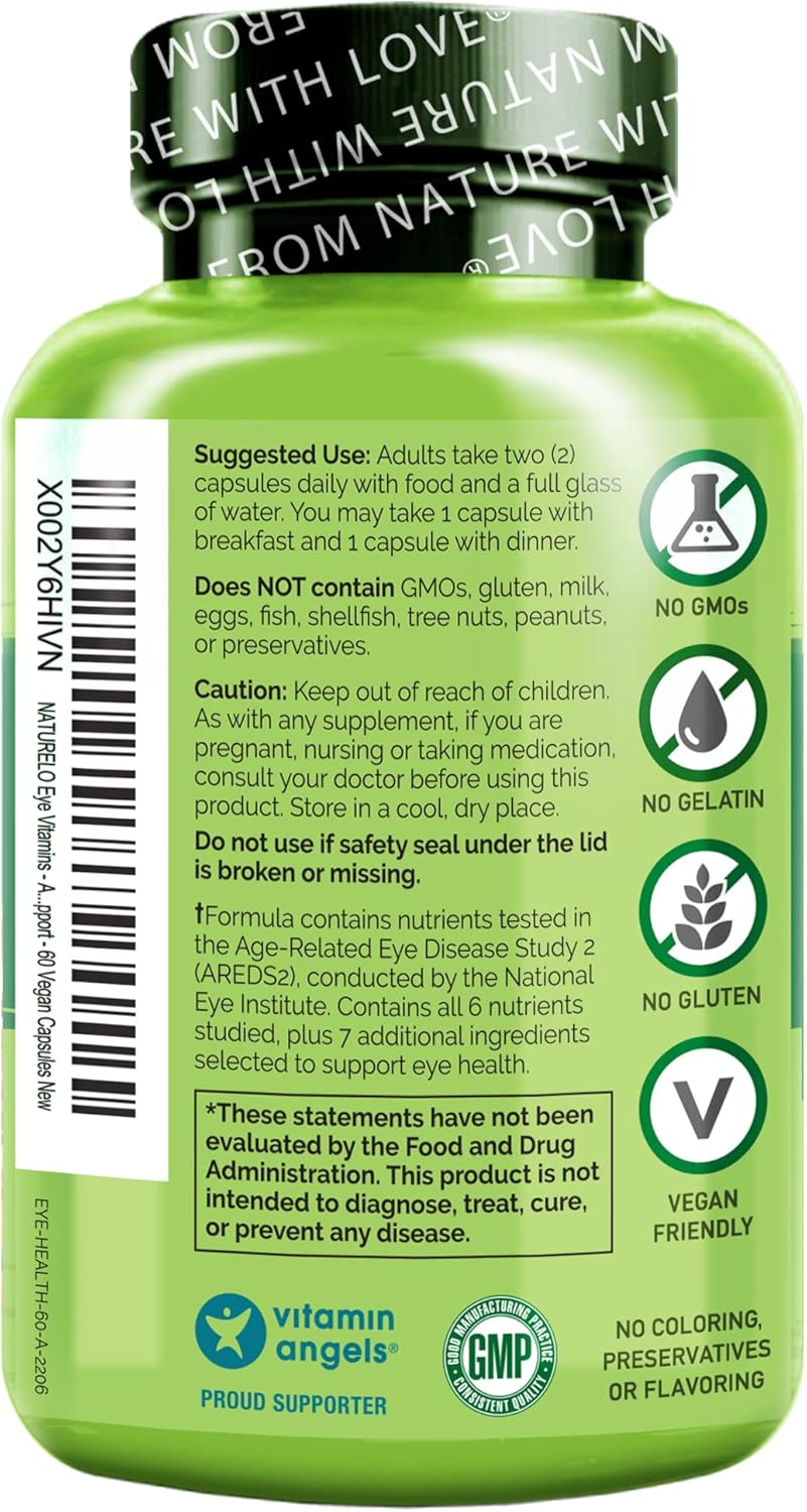 NATURELO Eye Vitamins - AREDS 2 Formula with Lutein, Zeaxanthin, Vitamin C, E, Zinc, DHA - 120 Vegan Capsules for Dry Eyes, Vision Support - Pack of 2