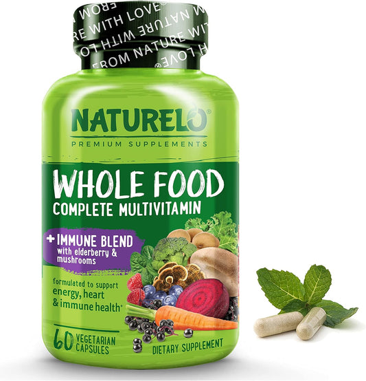 NATURELO Whole Food Multivitamin with Elderberry, Mushrooms, and Immune Support - 60 Vegan Capsules