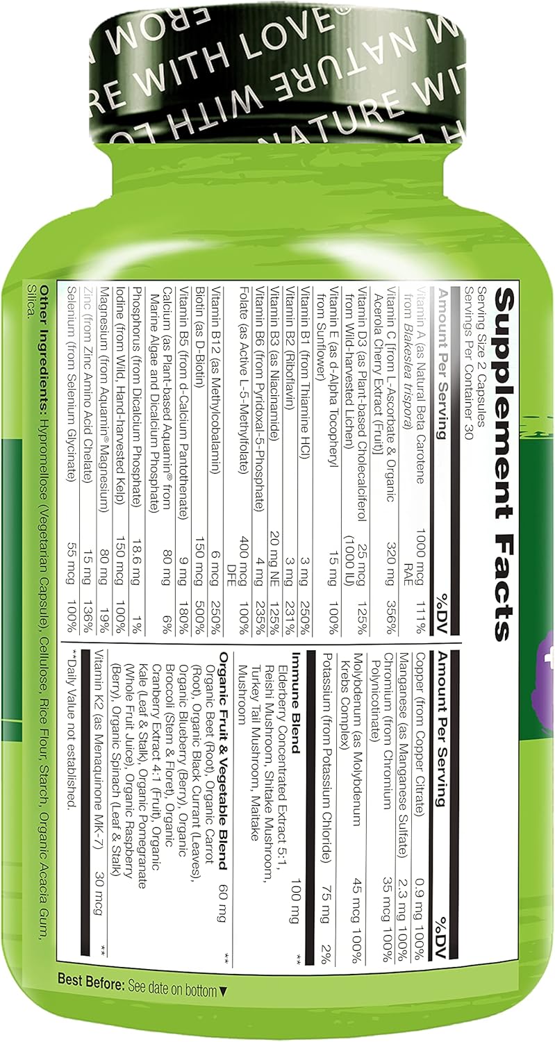 NATURELO Whole Food Multivitamin with Elderberry, Mushrooms, and Immune Support - 60 Vegan Capsules
