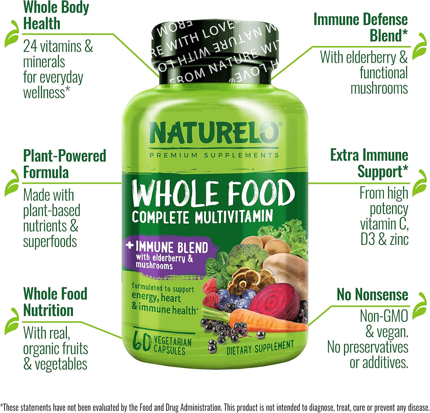 NATURELO Whole Food Multivitamin with Elderberry, Mushrooms, and Immune Support - 60 Vegan Capsules