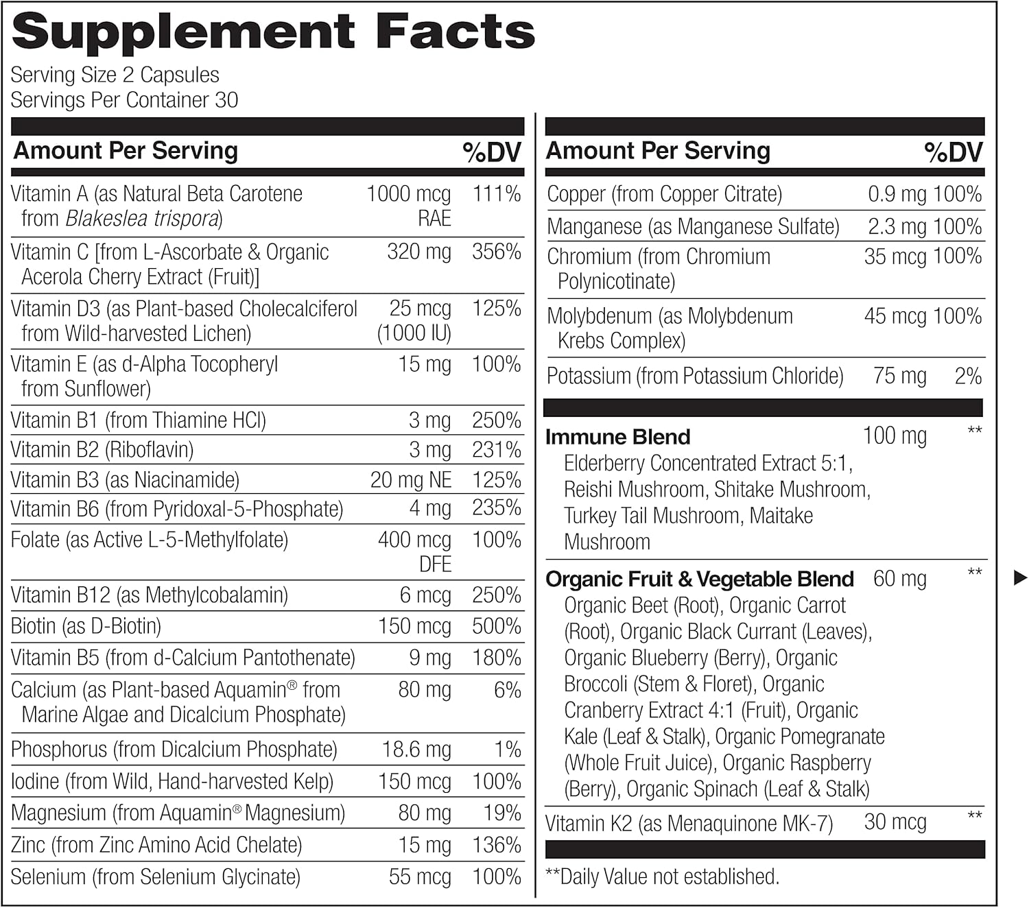 NATURELO Whole Food Multivitamin with Elderberry, Mushrooms, and Immune Support - 60 Vegan Capsules