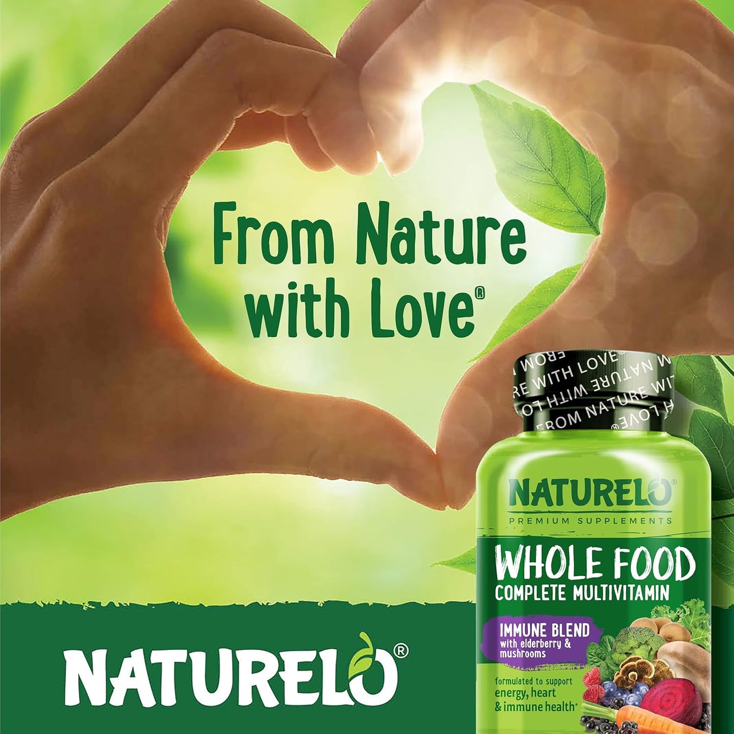 NATURELO Whole Food Multivitamin with Elderberry, Mushrooms, and Immune Support - 60 Vegan Capsules