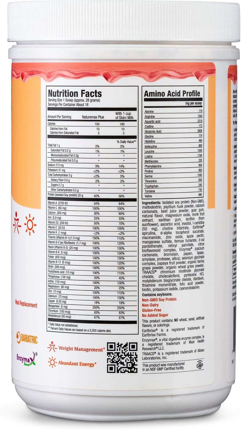 NatureMAX PlusTM Energy Support Drink Soy Protein Powder - Sugar Free Diet Supplement - 20g Protein Per Serving - Natural Strawberry Flavor - Kosher Vitamin - 1lb