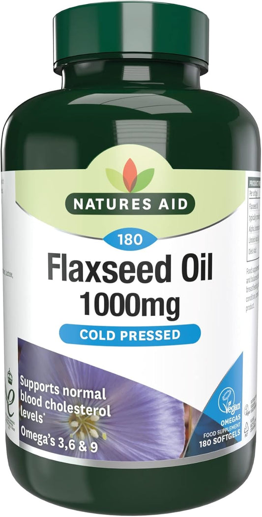 Natures Aid Flaxseed Oil Capsules - 1000mg Cold Pressed (Omega 3, 6, 9) - 180 Caps - Vegetarian Supplement