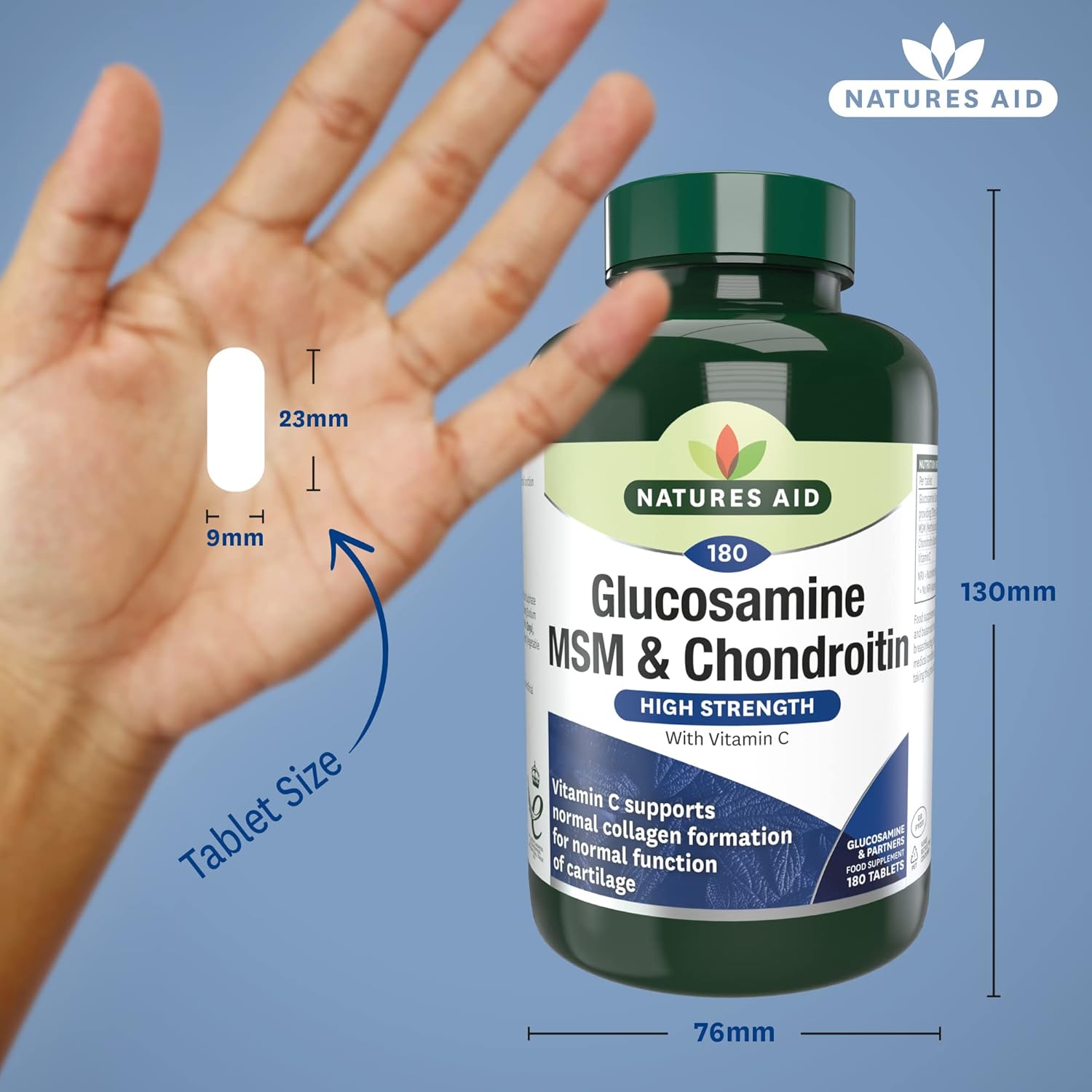 Natures Aid Glucosamine 500mg, MSM 500mg + Chondroitin 100mg Tablets - 180 Count