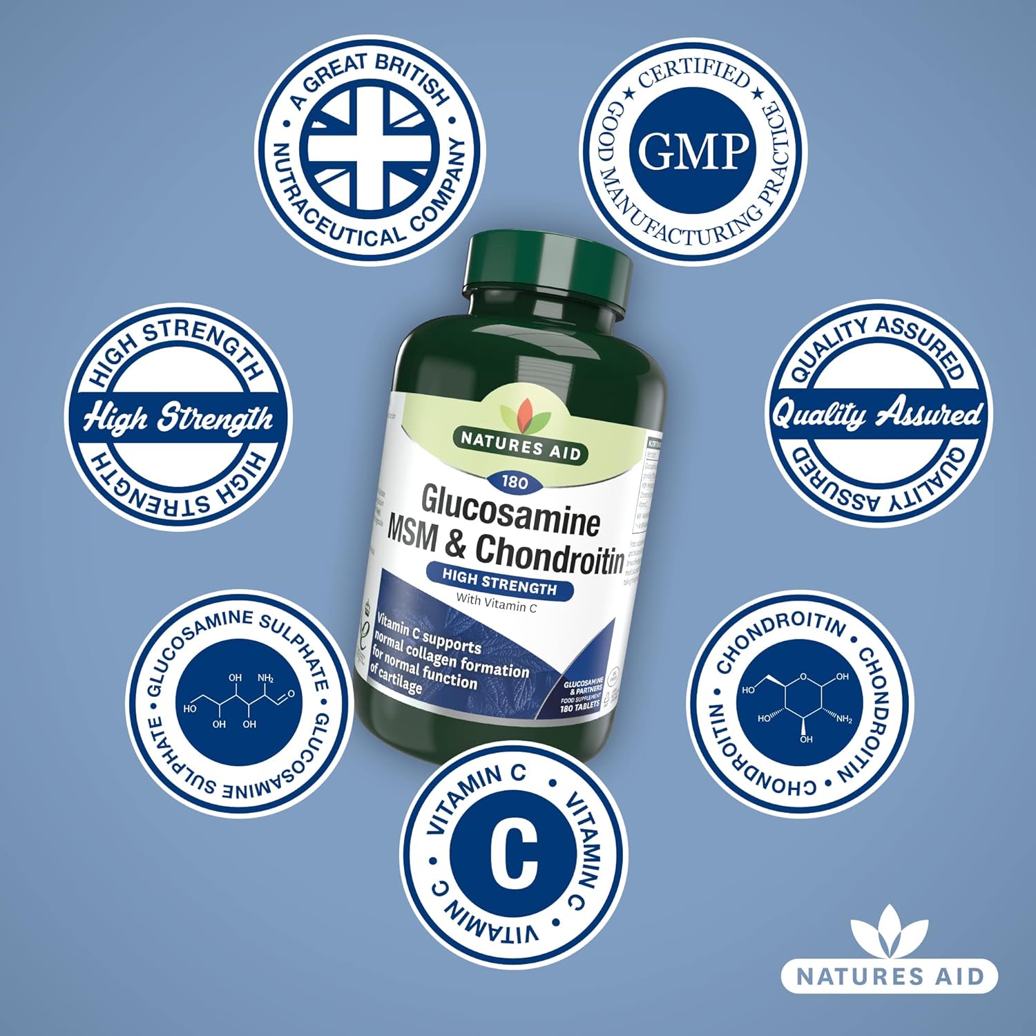 Natures Aid Glucosamine 500mg, MSM 500mg + Chondroitin 100mg Tablets - 180 Count