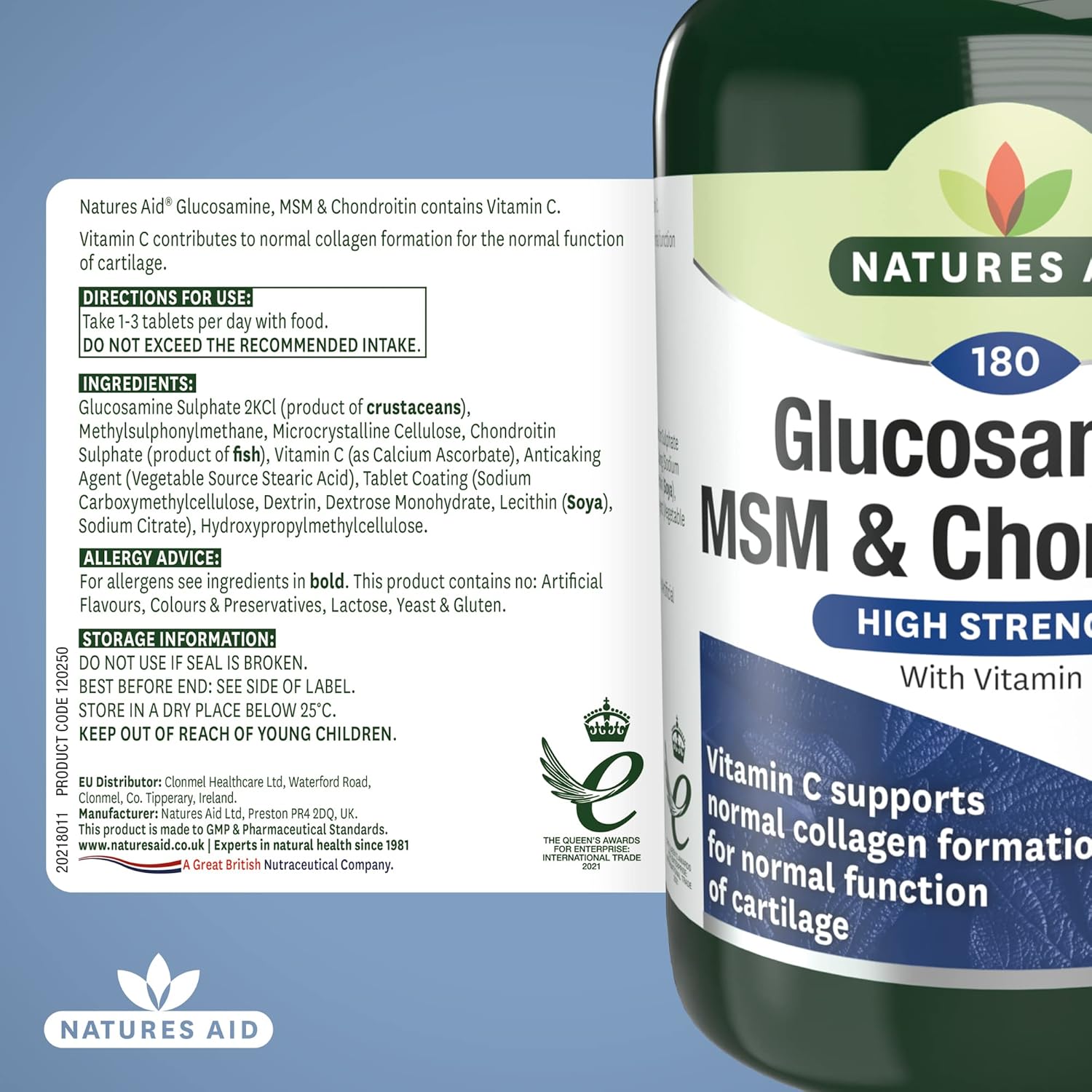 Natures Aid Glucosamine 500mg, MSM 500mg + Chondroitin 100mg Tablets - 180 Count