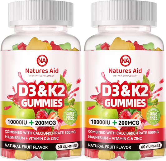 Natures Aid Vegan Vitamin D3 K2 Gummies with Calcium, Magnesium, and Vitamin C - Extra Strength for Bone and Immune Health - 120 Gummies