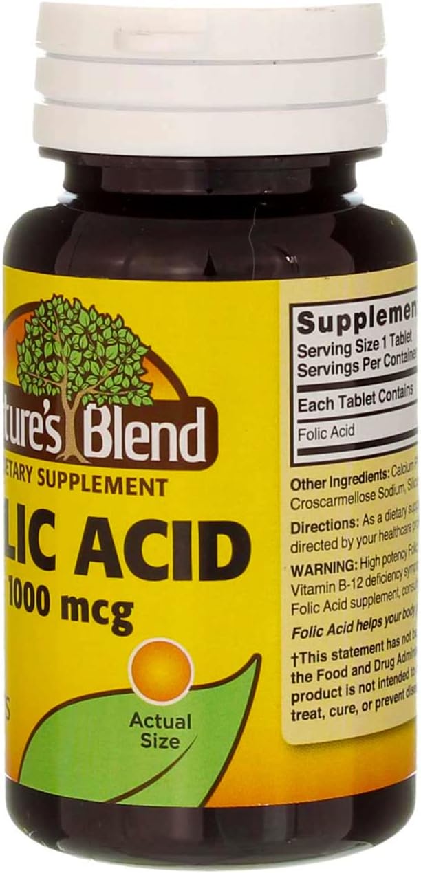 Nature's Blend Folic Acid 1000mcg Tablets - 600 Count (6 x 100ct) Pack for Overall Health and Wellness