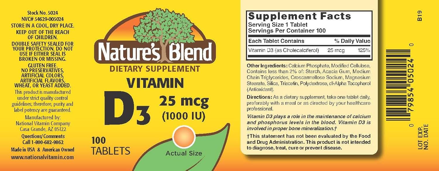 Nature's Blend Vitamin D3 Tablets 1000IU - Pack of 100
