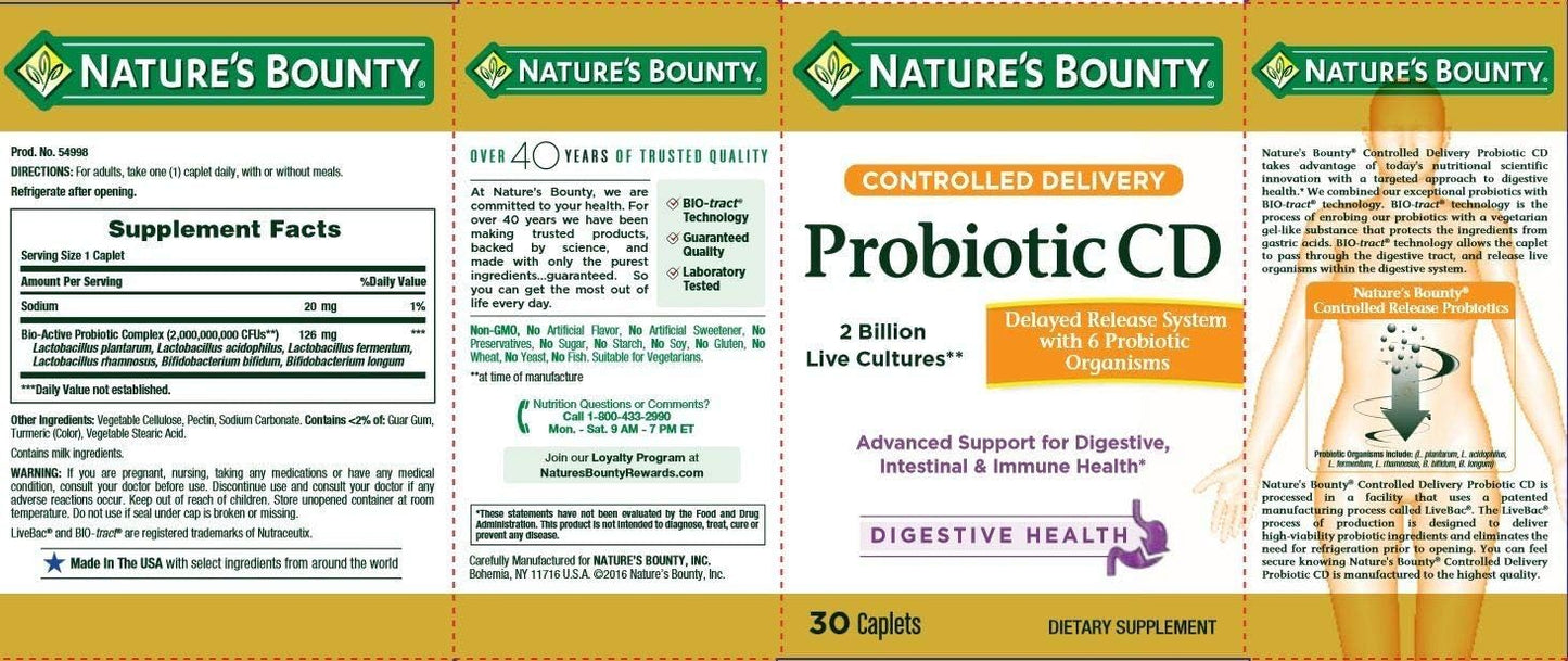 Nature's Bounty Controlled Delivery Probiotic CD Caplets - 30 Caplets per Bottle, Pack of 2