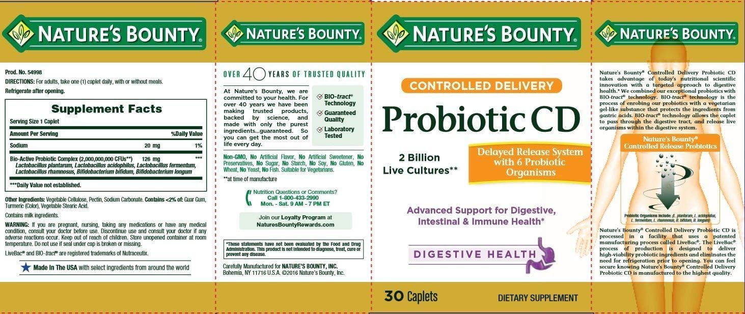 Nature's Bounty Controlled Delivery Probiotic CD Caplets - 30 Caplets per Bottle, Pack of 2